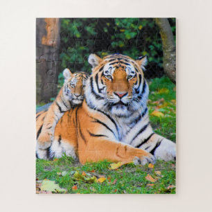 Tiger & Baby Posing Beautifully in Grass Together Jigsaw Puzzle
