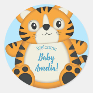 Tiger Baby Shower Blue Classic Round Sticker