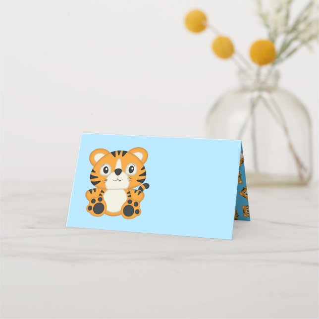 Tiger Baby Shower Blue Place Card (Front)