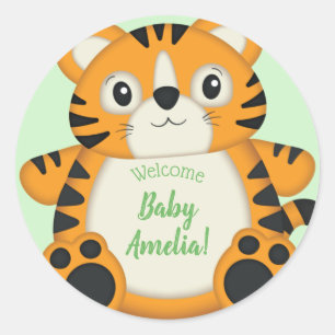 Tiger Baby Shower Green Classic Round Sticker