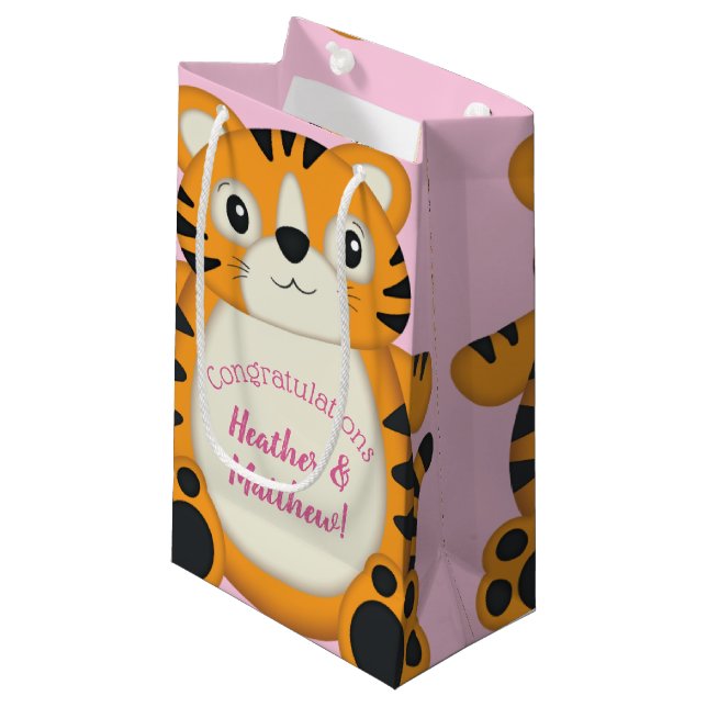 Tiger Baby Shower Safari Pink Girl Small Gift Bag (Front Angled)