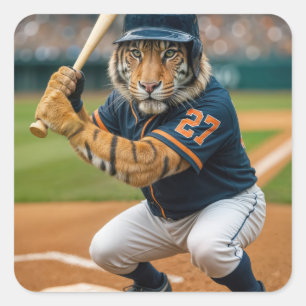 Tiger Baseball Player #27 Up To Bat Square Sticker
