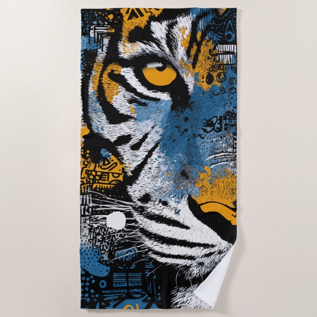 Tiger Beach Towel – Bold Yellow Blue Graphic Art (Front)