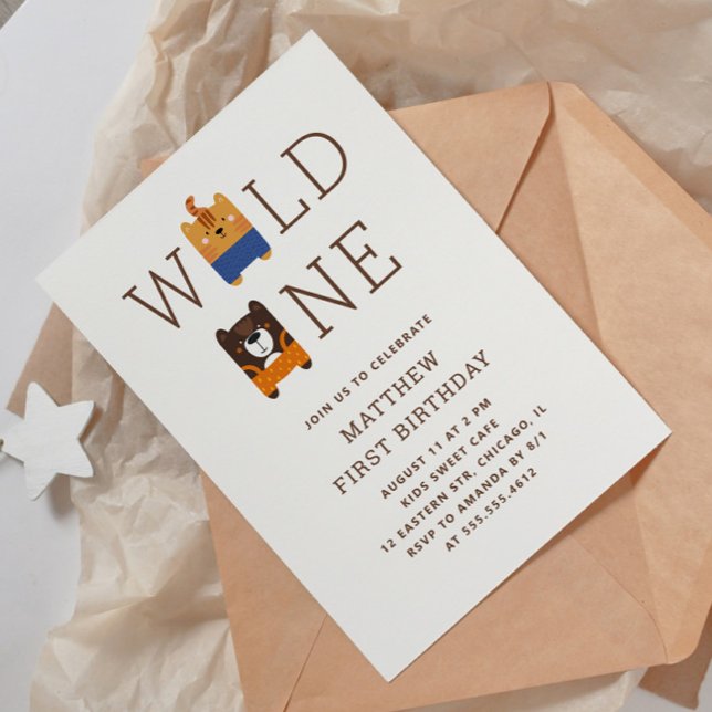 Tiger bear animal safari Wild One 1st Birthday Invitation (Creator Uploaded)