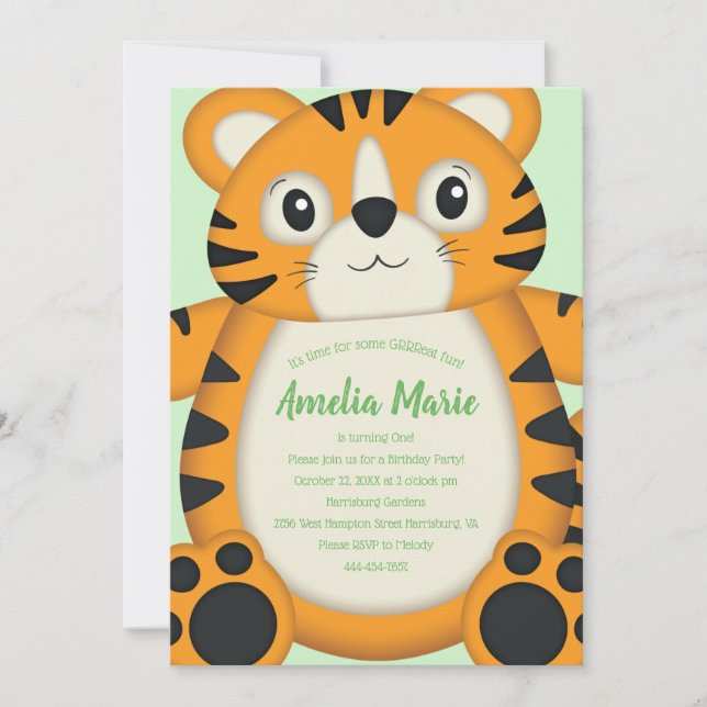 Tiger Birthday Party Green Invitation (Front)