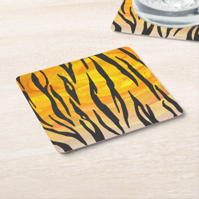 Tiger Black and Orange Print Square Paper Coaster (Angled)
