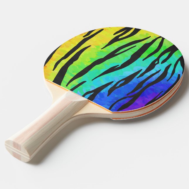 Tiger Black and Rainbow Gifts Ping Pong Paddle (Back Angle)