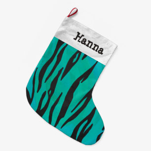 Tiger Black and Teal Print Large Christmas Stocking