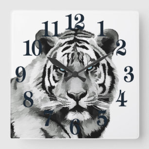 Tiger Black and White Blue eyes Square Wall Clock