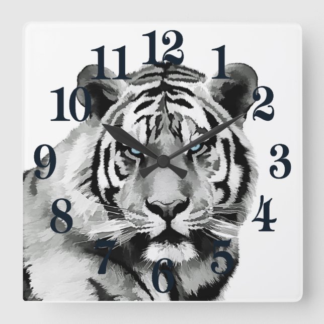 Tiger Black and White Blue eyes Square Wall Clock (Front)