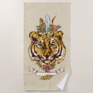 Tiger Boho Style Portrait Beach Towel
