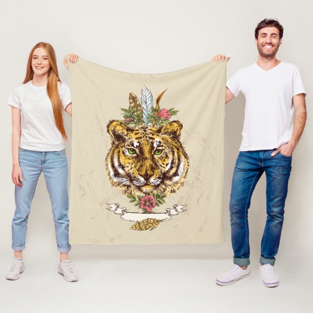 Tiger Boho Style Portrait Fleece Blanket (In Situ)