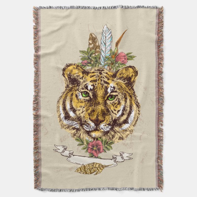 Tiger Boho Style Portrait Throw Blanket (Front Vertical)