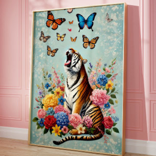 Tiger & Butterflies Floral Whimsical Wall Art