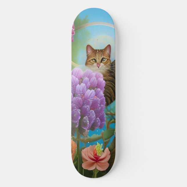 Tiger Cat and Lilac Bouquet Skateboard (Front)