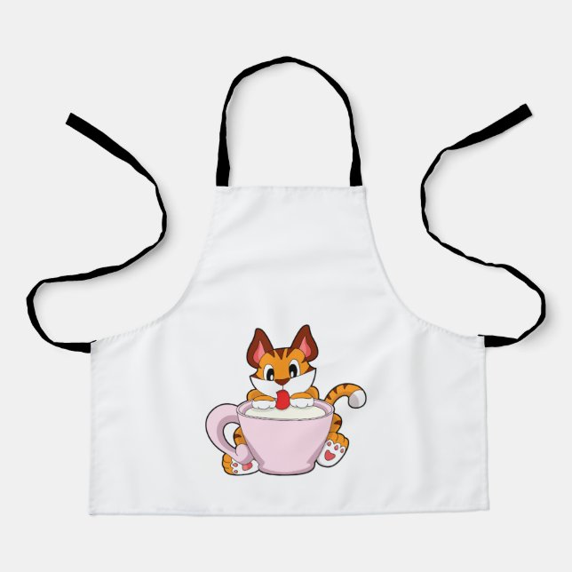 Tiger cat with Cup of Milk.PNG Apron (Front)