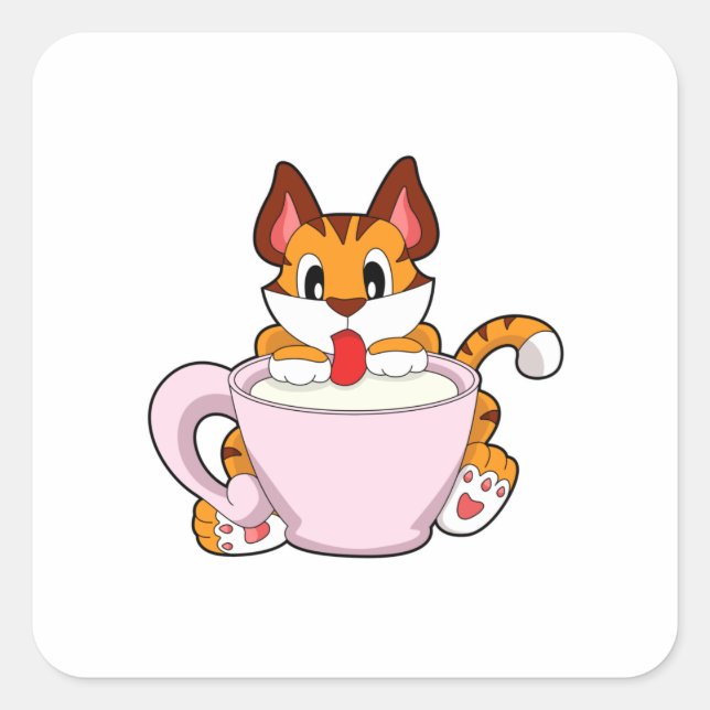 Tiger cat with Cup of Milk.PNG Square Sticker (Front)
