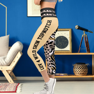 Tiger Cheetah Pattern Print Spots Pink Black Beige Capri Leggings