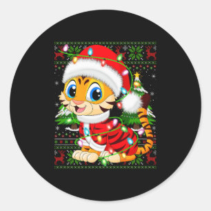Tiger Christmas Lights Santa Costume Ugly Xmas Swe Classic Round Sticker