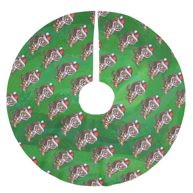 Tiger Christmas On Green Brushed Polyester Tree Skirt (Front)