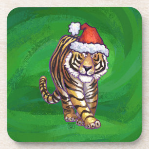 Tiger Christmas On Green Coaster