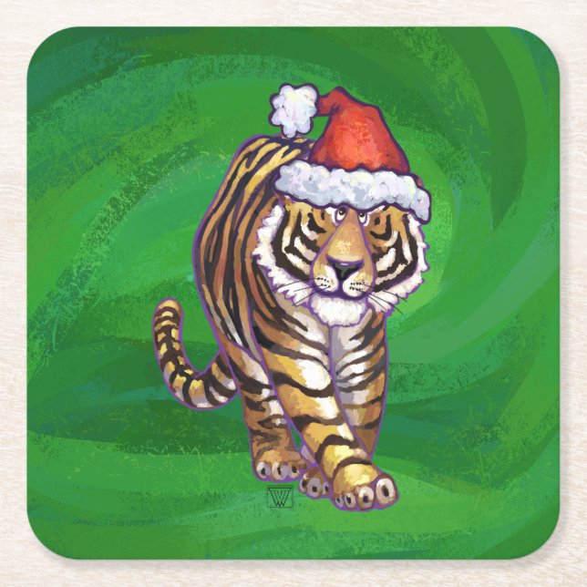 Tiger Christmas On Green Square Paper Coaster (Front)