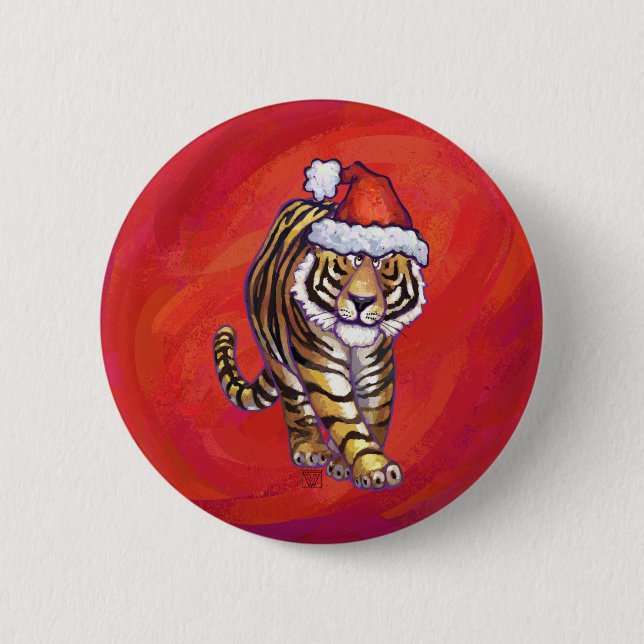 Tiger Christmas on Red 6 Cm Round Badge (Front)