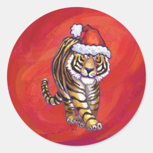 Tiger Christmas on Red Classic Round Sticker