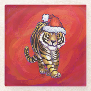 Tiger Christmas on Red Glass Coaster