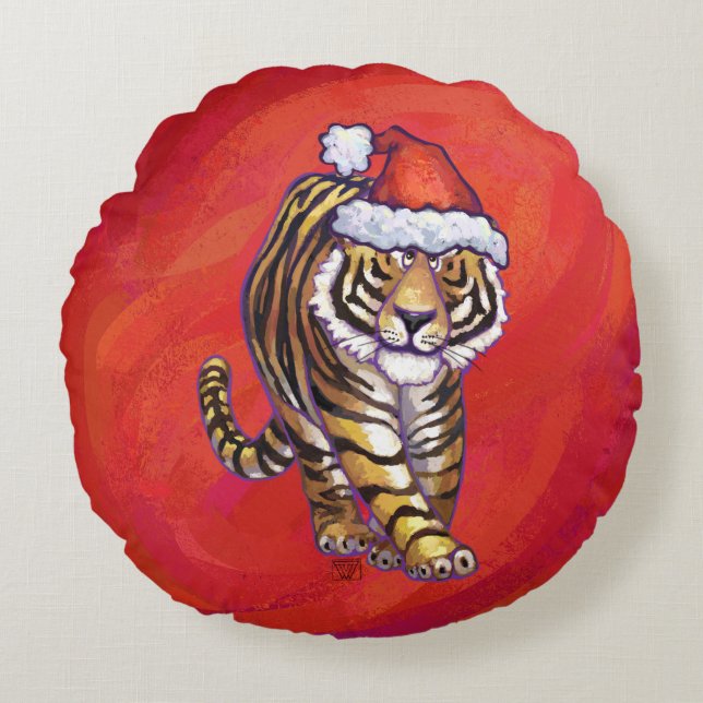 Tiger Christmas on Red Round Cushion (Front)