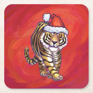 Tiger Christmas on Red Square Paper Coaster