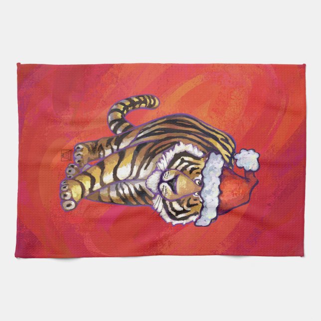Tiger Christmas on Red Tea Towel (Horizontal)