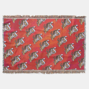 Tiger Christmas on Red Throw Blanket