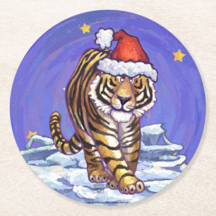 Tiger Christmas Round Paper Coaster
