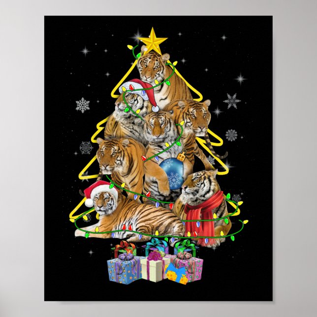 Tiger Christmas Tree Snow Funny Tiger Xmas Gift Poster (Front)