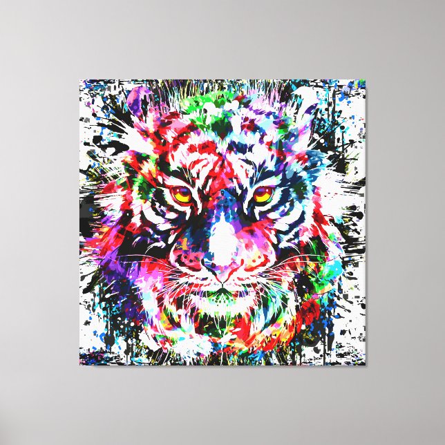 Tiger | Colourful Tiger Drawing | Abstract Art Fau Canvas Print (Front)