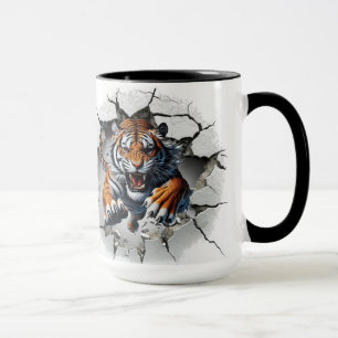 Tiger coming out of a cracked wall mug