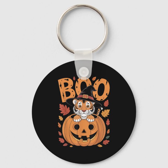 Tiger Costume On Pumpkin Halloween Tiger  Key Ring (Front)