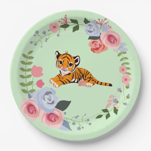 Tiger Cub Floral Baby Shower Paper Plate (Front)