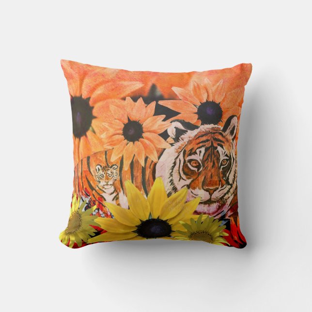 Tiger, Cub, Flowers and Orange Colours Cushion (Front)