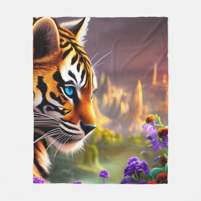 Tiger Cub,  Purple Flowers  Fleece Blanket (Front)