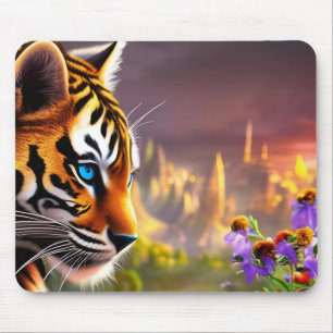 Tiger Cub, Purple Flowers Mouse Pad