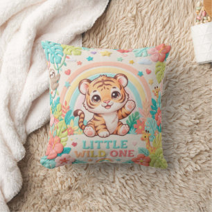 Tiger Cub Surrounded By Jungle Flowers And Rainbow Cushion