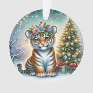 Tiger Cub with Holly Crown Ornament