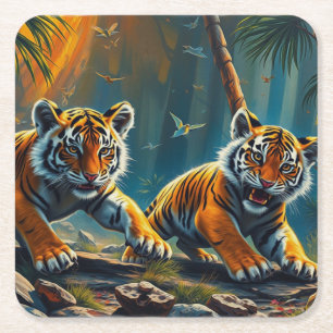 Tiger Cubs in Magical Jungle Square Paper Coaster