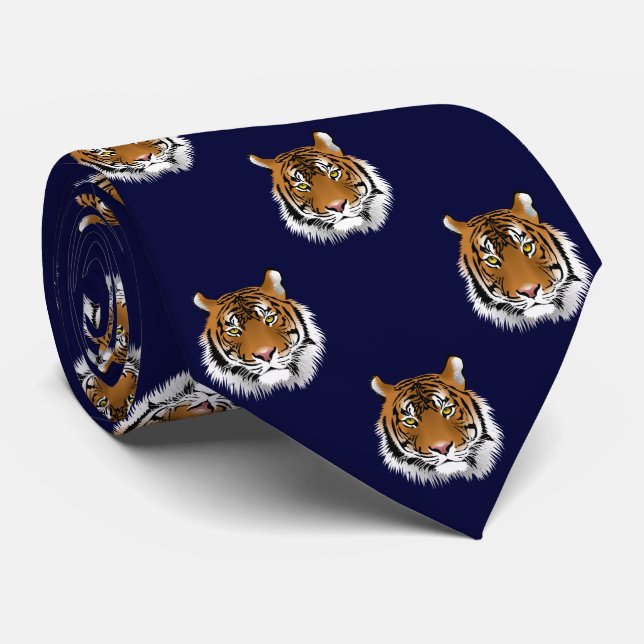 Tiger Dark Navy Blue Background Tie (Rolled)