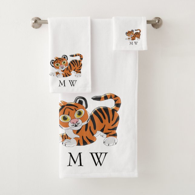 Tiger Design Monogrammed Bath Towel Set (Insitu)