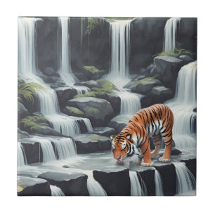 Tiger Drinking at Waterfall Tile
