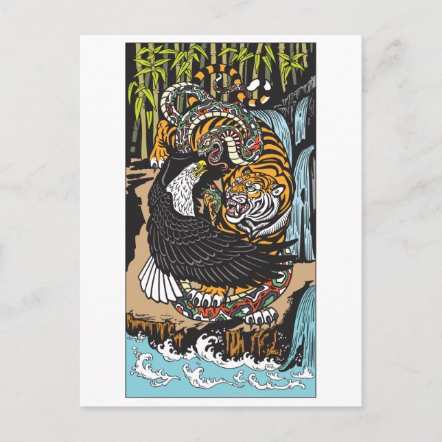 Tiger, Eagle and Snake fighting. Graphic art Postcard (Front)