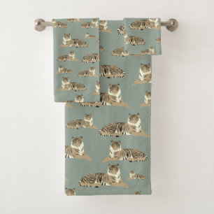 Tiger Exotic Animal Pattern Sage Green  Bath Towel Set